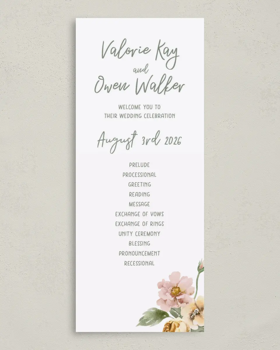 This is a 3⅝" x 8⅞" Tea-length Wedding Program called Hopeful Floral printed in full color on Premium Smooth paper