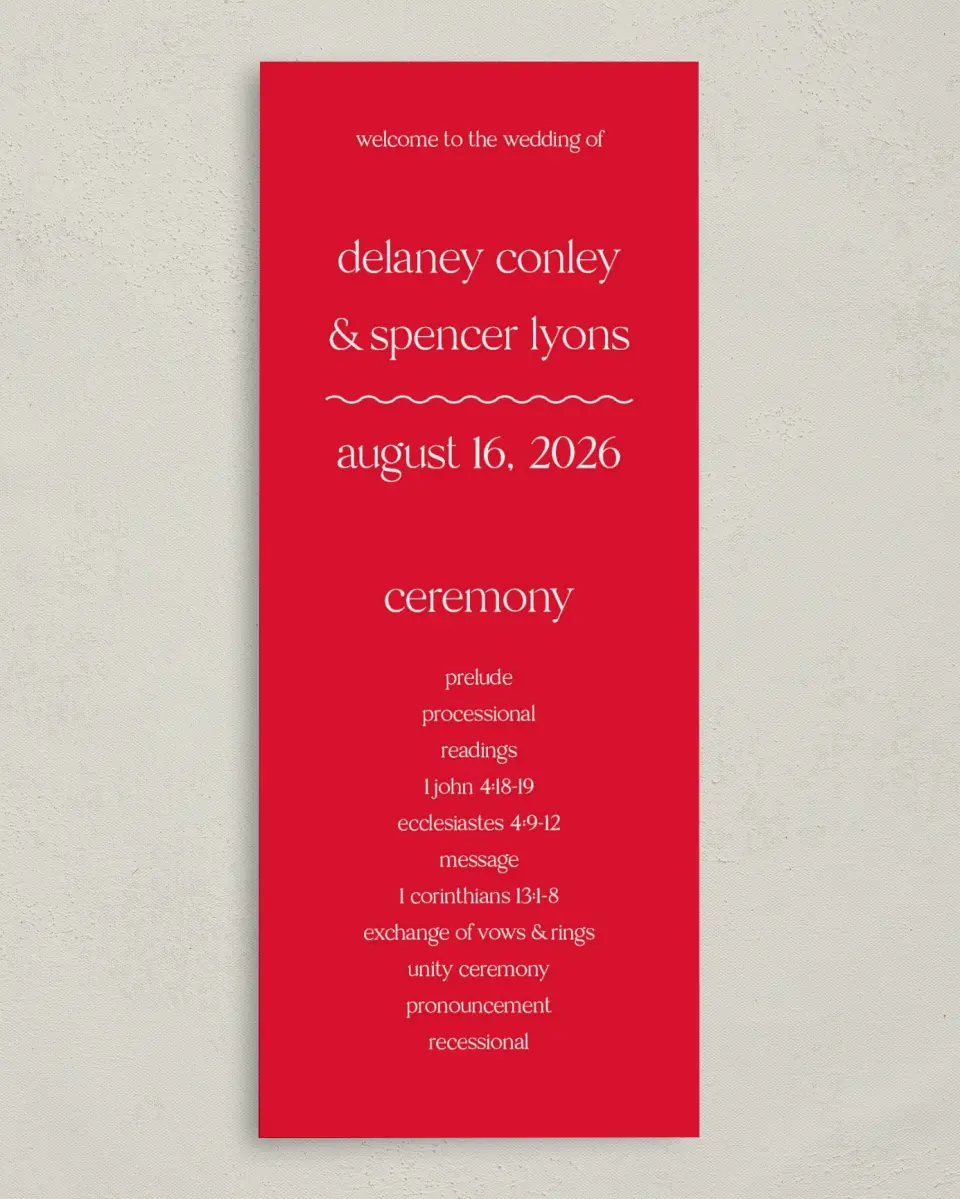 This is a 3⅝" x 8⅞" Tea-length Wedding Program called The Delaney printed in full color on Premium Smooth paper