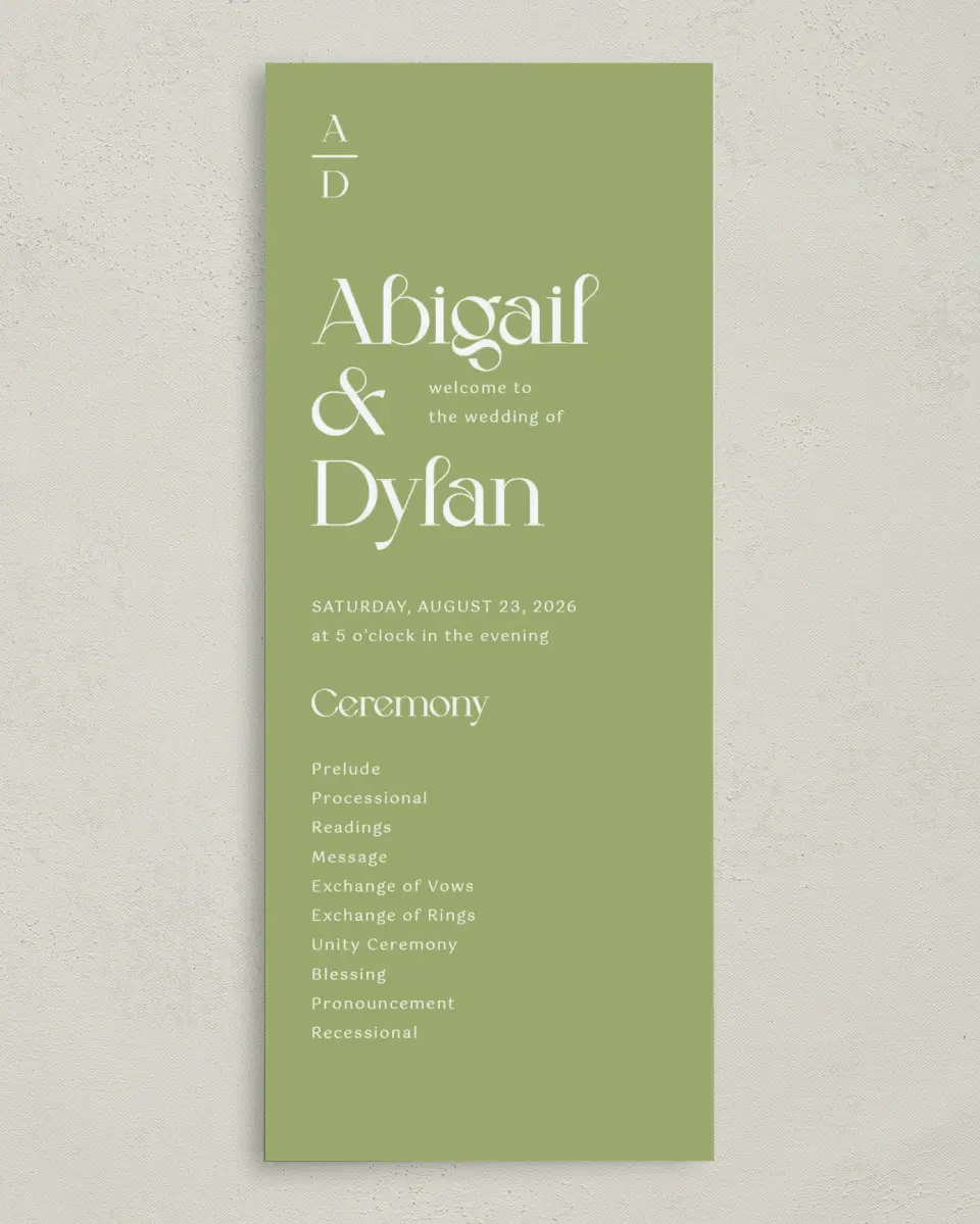 This is a 3⅝" x 8⅞" Tea-length Wedding Program called The Abigail printed in full color on Premium Smooth paper