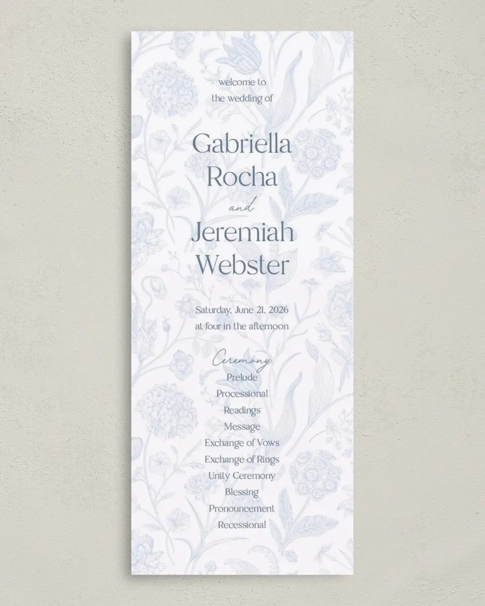 This is a 3⅝" x 8⅞" Tea-length Wedding Program called The Gabriella printed in full color on Premium Smooth paper