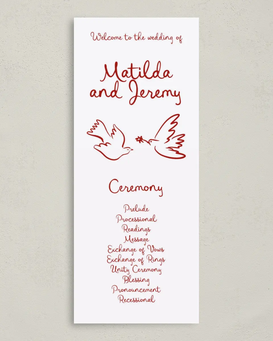 This is a 3⅝" x 8⅞" Tea-length Wedding Program called Love Birds printed in full color on Premium Smooth paper
