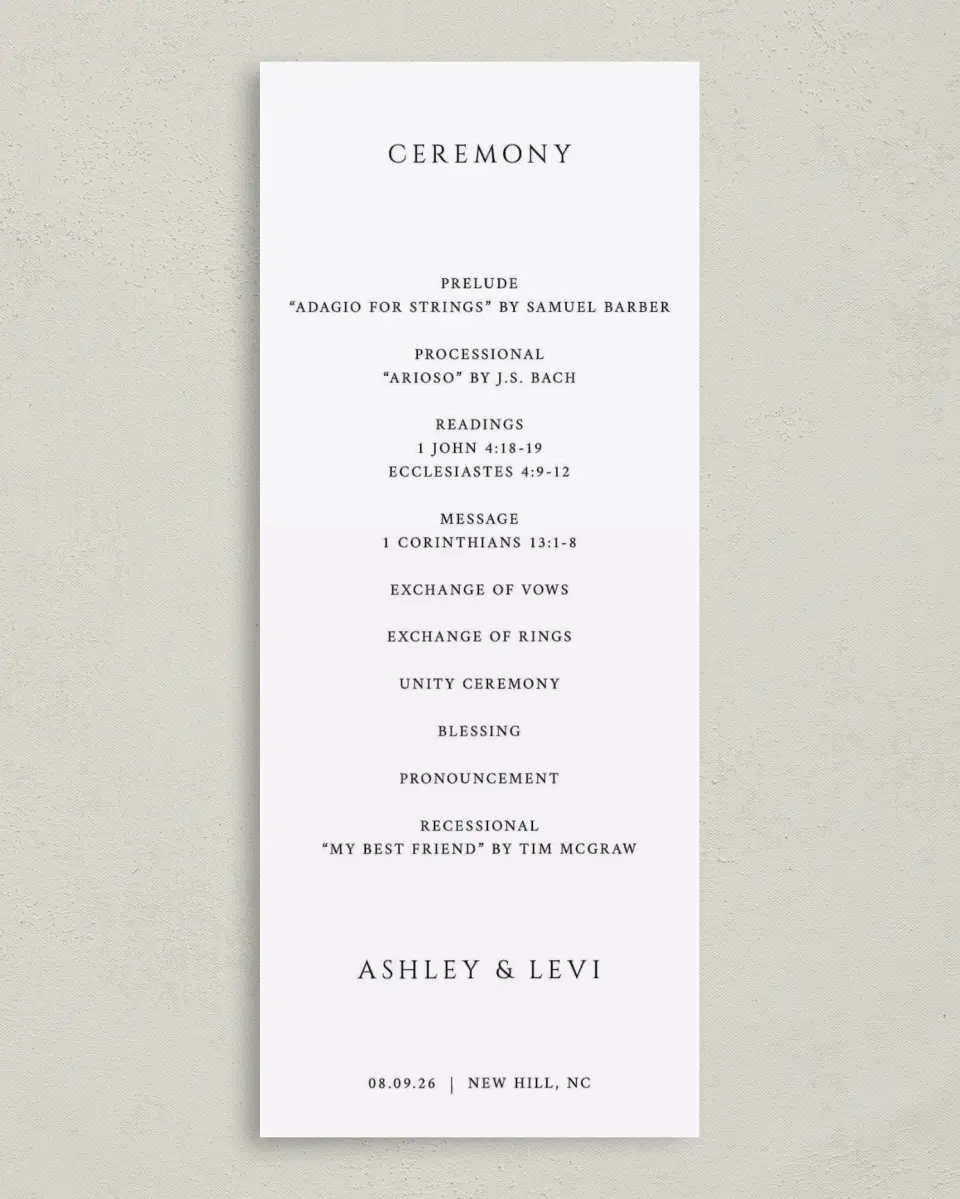 This is a 3⅝" x 8⅞" Tea-length Wedding Program called Classic Romance printed in full color on Premium Smooth paper