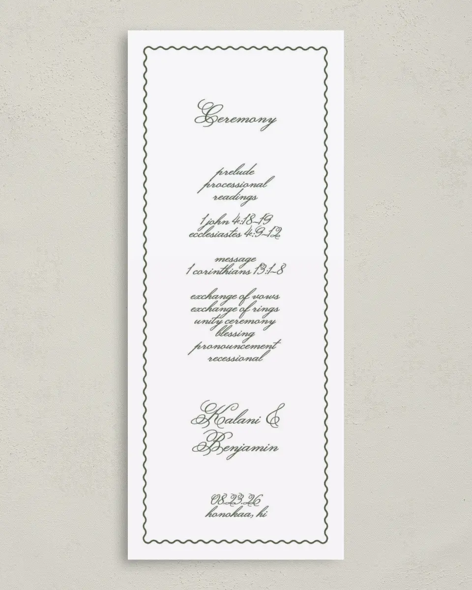 This is a 3⅝" x 8⅞" Tea-length Wedding Program called Aloha Amore printed in full color on Premium Smooth paper
