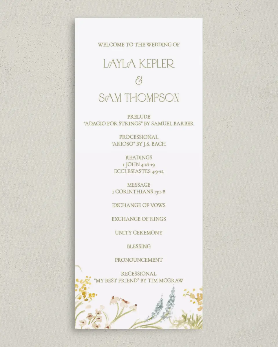 This is a 3⅝" x 8⅞" Tea-length Wedding Program called Forever in Bloom printed in full color on Premium Smooth paper