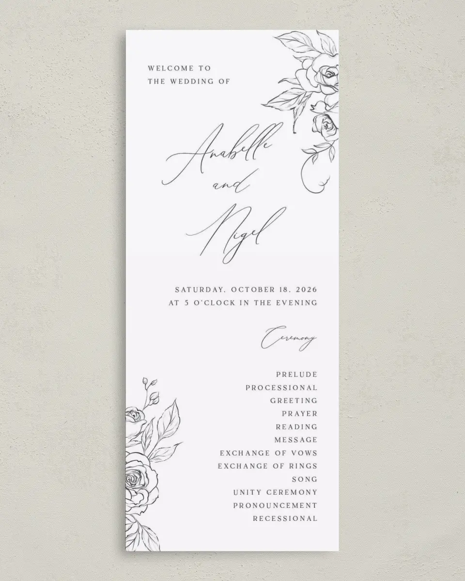 This is a 3⅝" x 8⅞" Tea-length Wedding Program called The Anabelle printed in full color on Premium Smooth paper