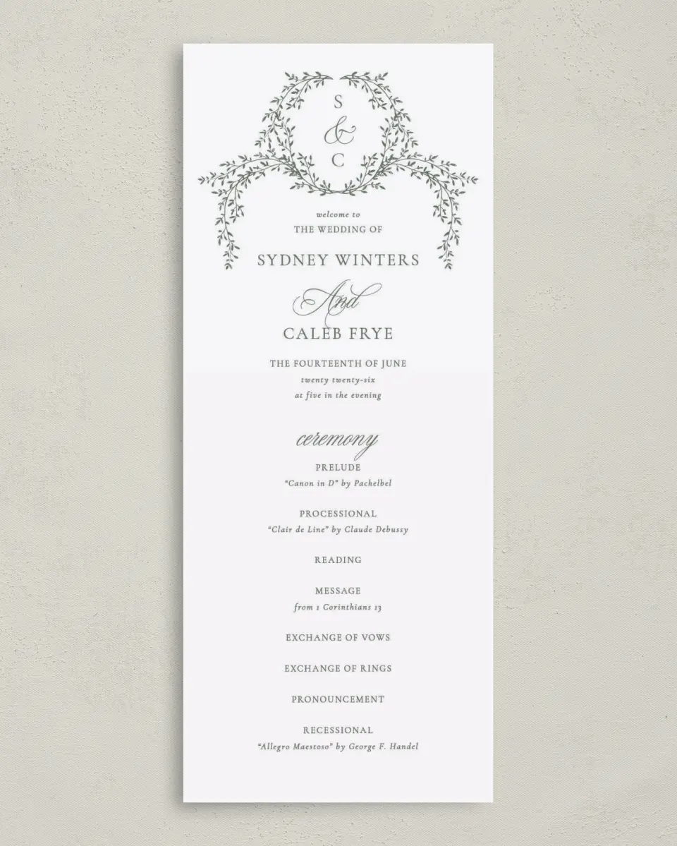 This is a 3⅝" x 8⅞" Tea-length Wedding Program called Elegant Frame printed in full color on Premium Smooth paper
