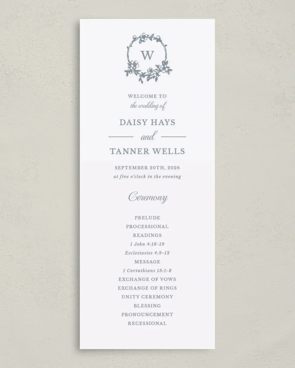 This is a 3⅝" x 8⅞" Tea-length Wedding Program called Flowering Frame printed in full color on Premium Smooth paper