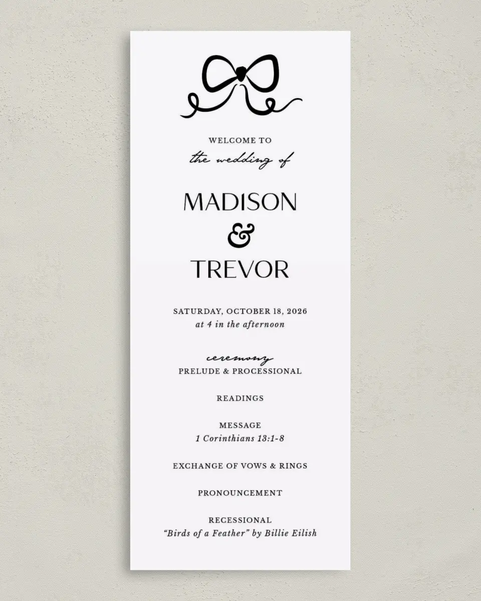 This is a 3⅝" x 8⅞" Tea-length Wedding Program called The Madison printed in full color on Premium Smooth paper