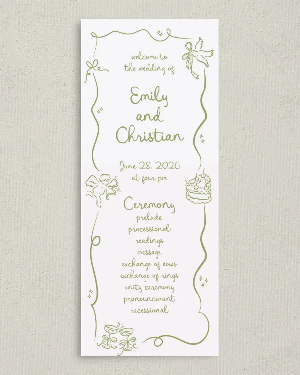 This is a 3⅝" x 8⅞" Tea-length Wedding Program called Wedding Whimsy printed in full color on Premium Smooth paper