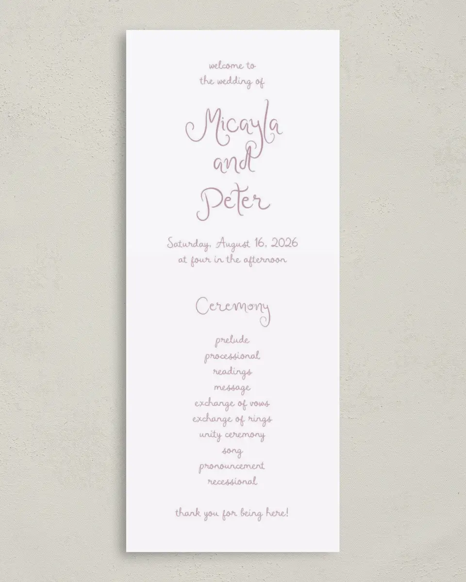 This is a 3⅝" x 8⅞" Tea-length Wedding Program called The Micayla printed in full color on Premium Smooth paper