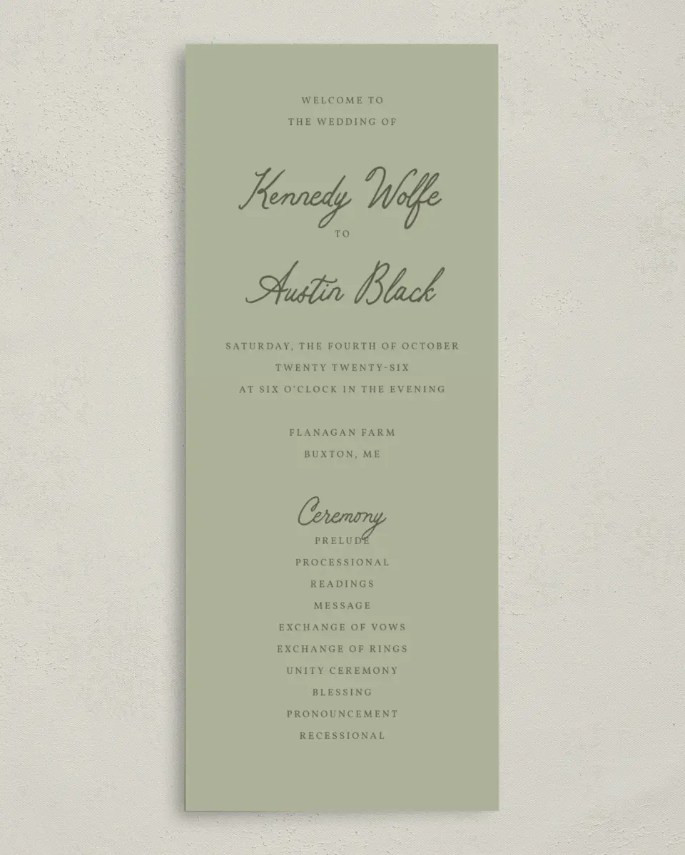 This is a 3⅝" x 8⅞" Tea-length Wedding Program called The Kennedy printed in full color on Premium Smooth paper