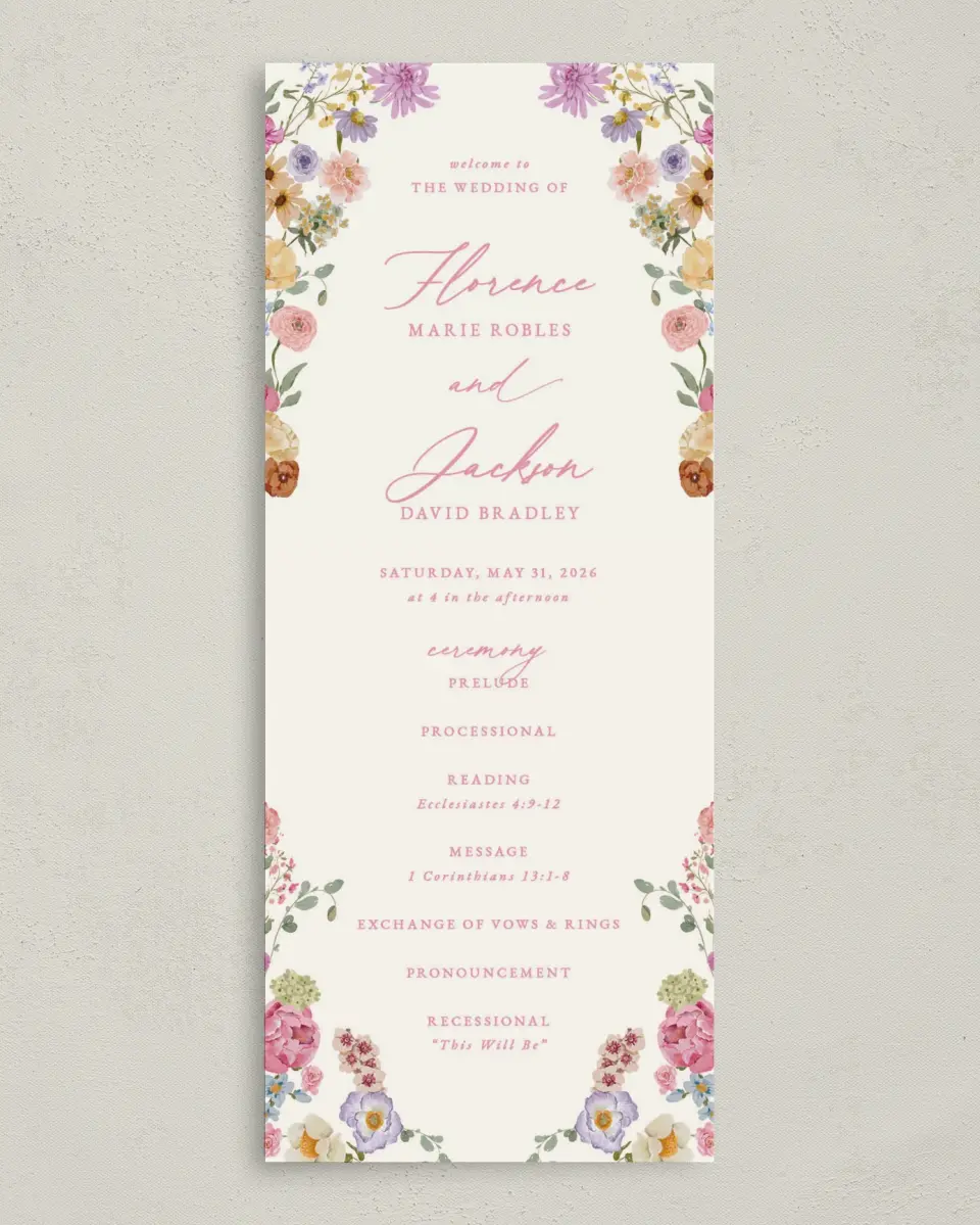 This is a 3⅝" x 8⅞" Tea-length Wedding Program called The Florence printed in full color on Premium Smooth paper