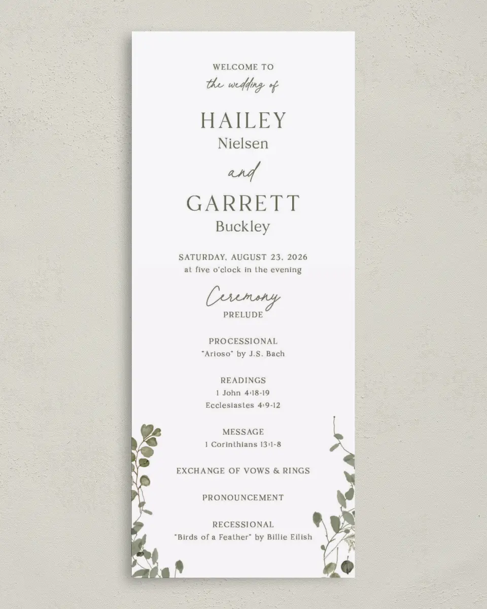 This is a 3⅝" x 8⅞" Tea-length Wedding Program called The Hailey printed in full color on Premium Smooth paper
