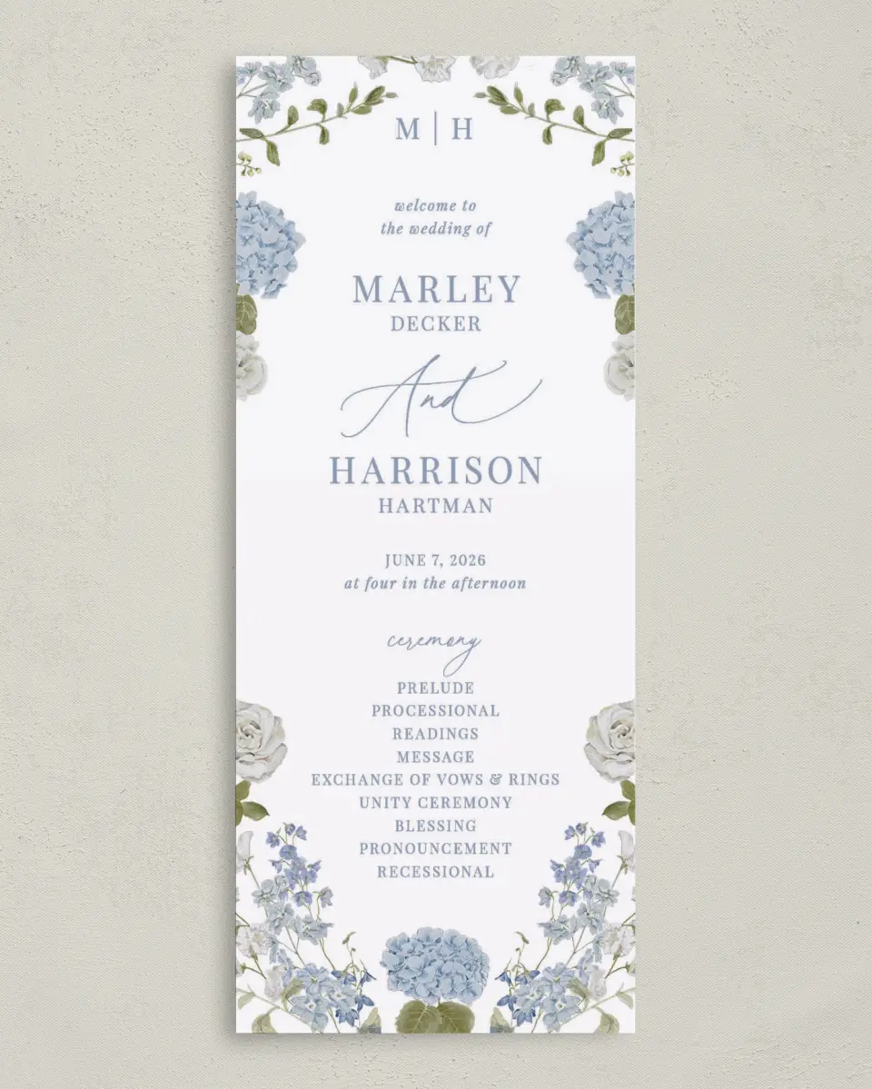 This is a 3⅝" x 8⅞" Tea-length Wedding Program called Blue Blossoms printed in full color on Premium Smooth paper