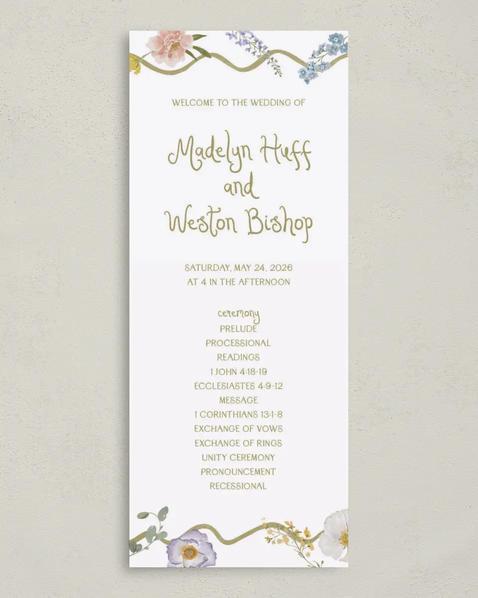 This is a 3⅝" x 8⅞" Tea-length Wedding Program called Whimsical Garden printed in full color on Premium Smooth paper