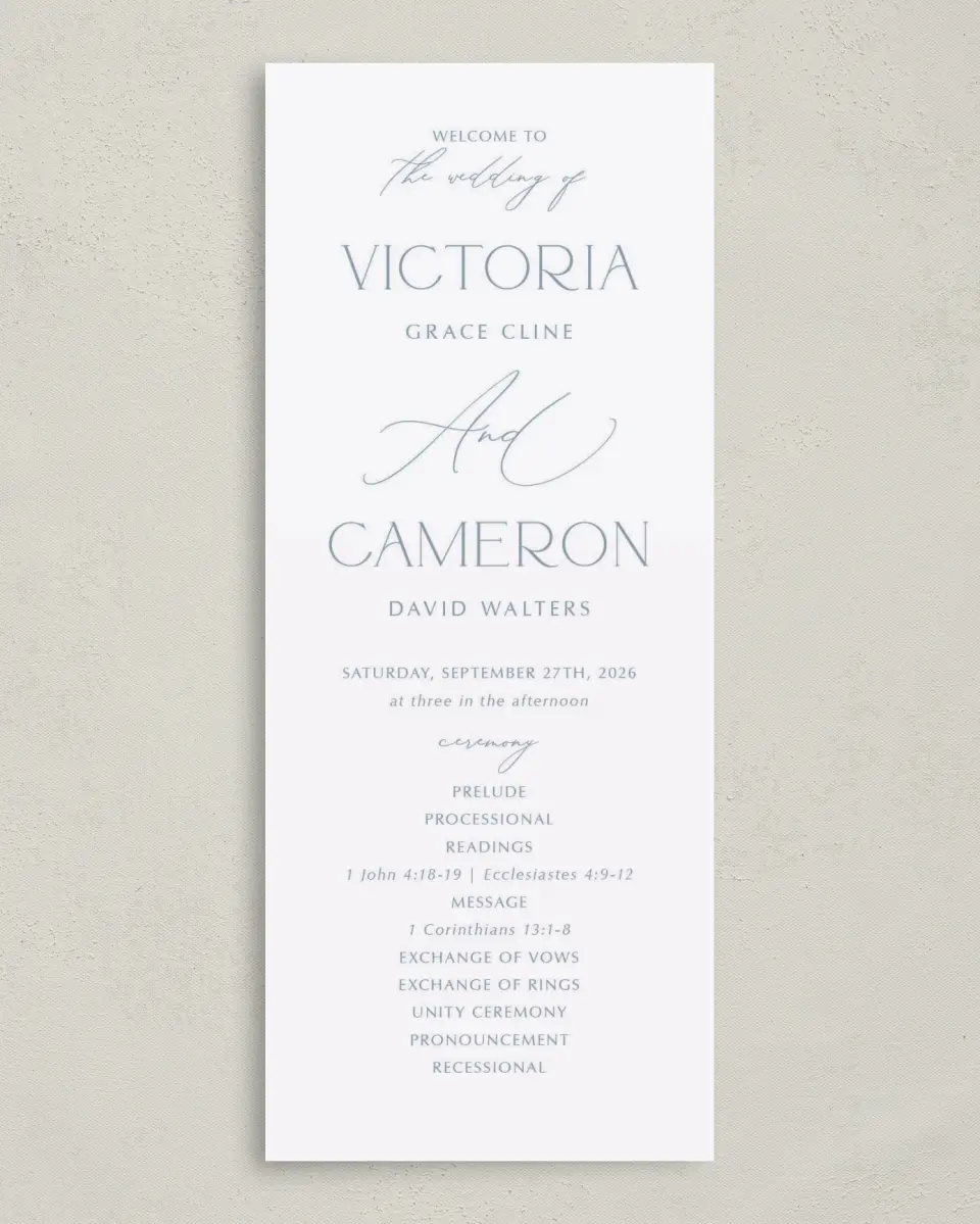 This is a 3⅝" x 8⅞" Tea-length Wedding Program called The Victoria printed in full color on Premium Smooth paper