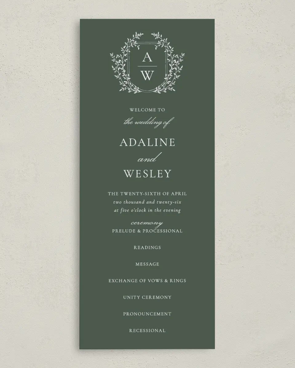 This is a 3⅝" x 8⅞" Tea-length Wedding Program called The Adaline printed in full color on Premium Smooth paper