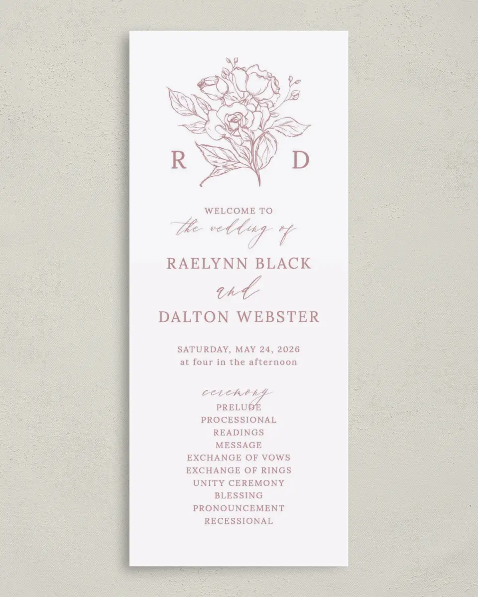 This is a 3⅝" x 8⅞" Tea-length Wedding Program called Blushing Rose printed in full color on Premium Smooth paper
