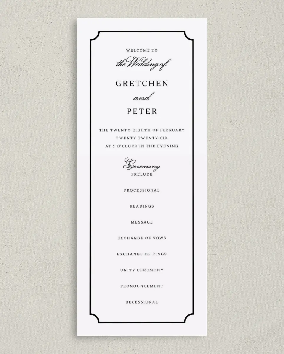 This is a 3⅝" x 8⅞" Tea-length Wedding Program called Elegant Tradition printed in full color on Premium Smooth paper