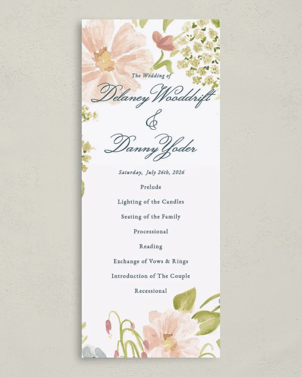 This is a 3⅝" x 8⅞" Tea-length Wedding Program called Garden of Vows printed in full color on Premium Smooth paper
