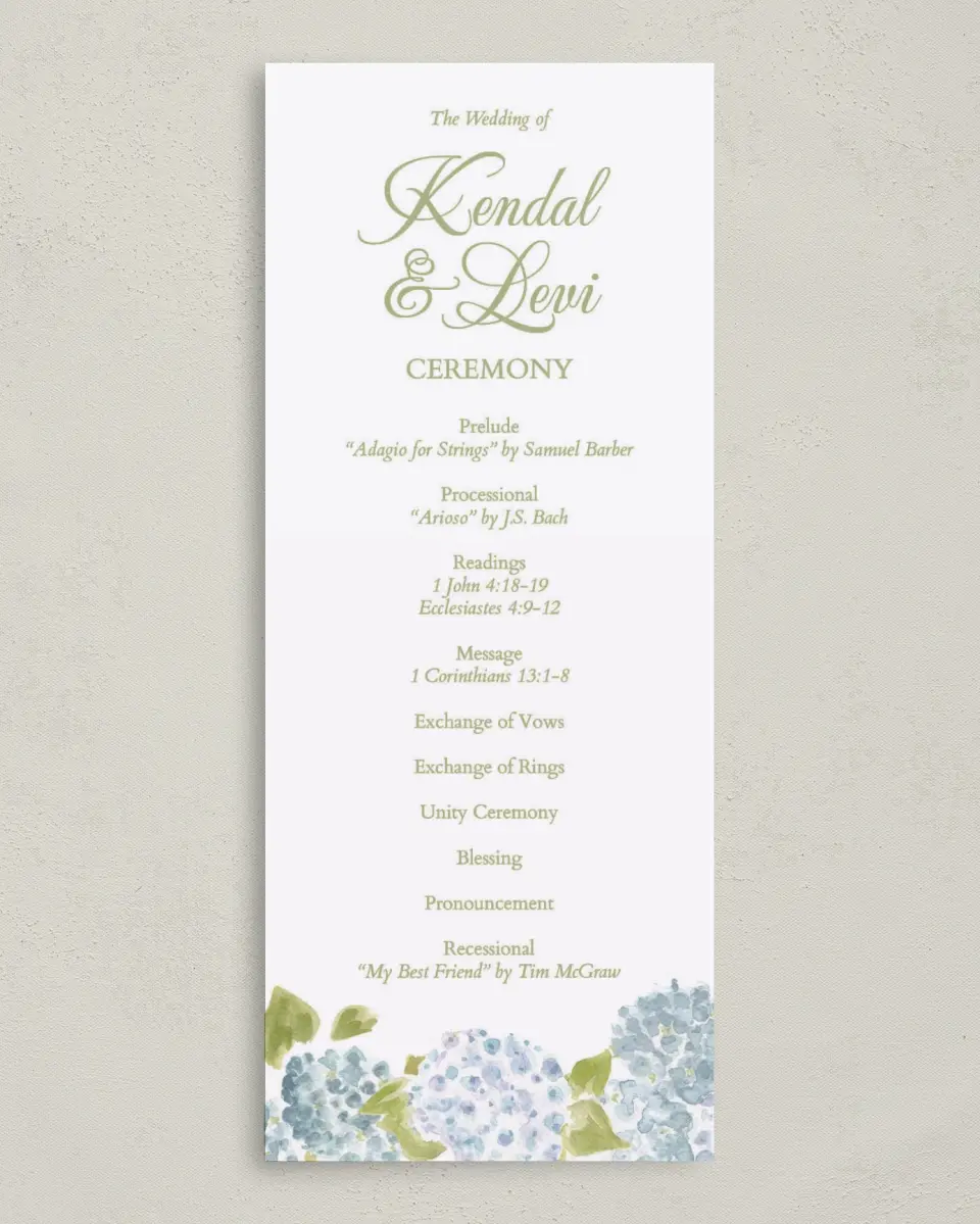 This is a 3⅝" x 8⅞" Tea-length Wedding Program called Southern Belle printed in full color on Premium Smooth paper