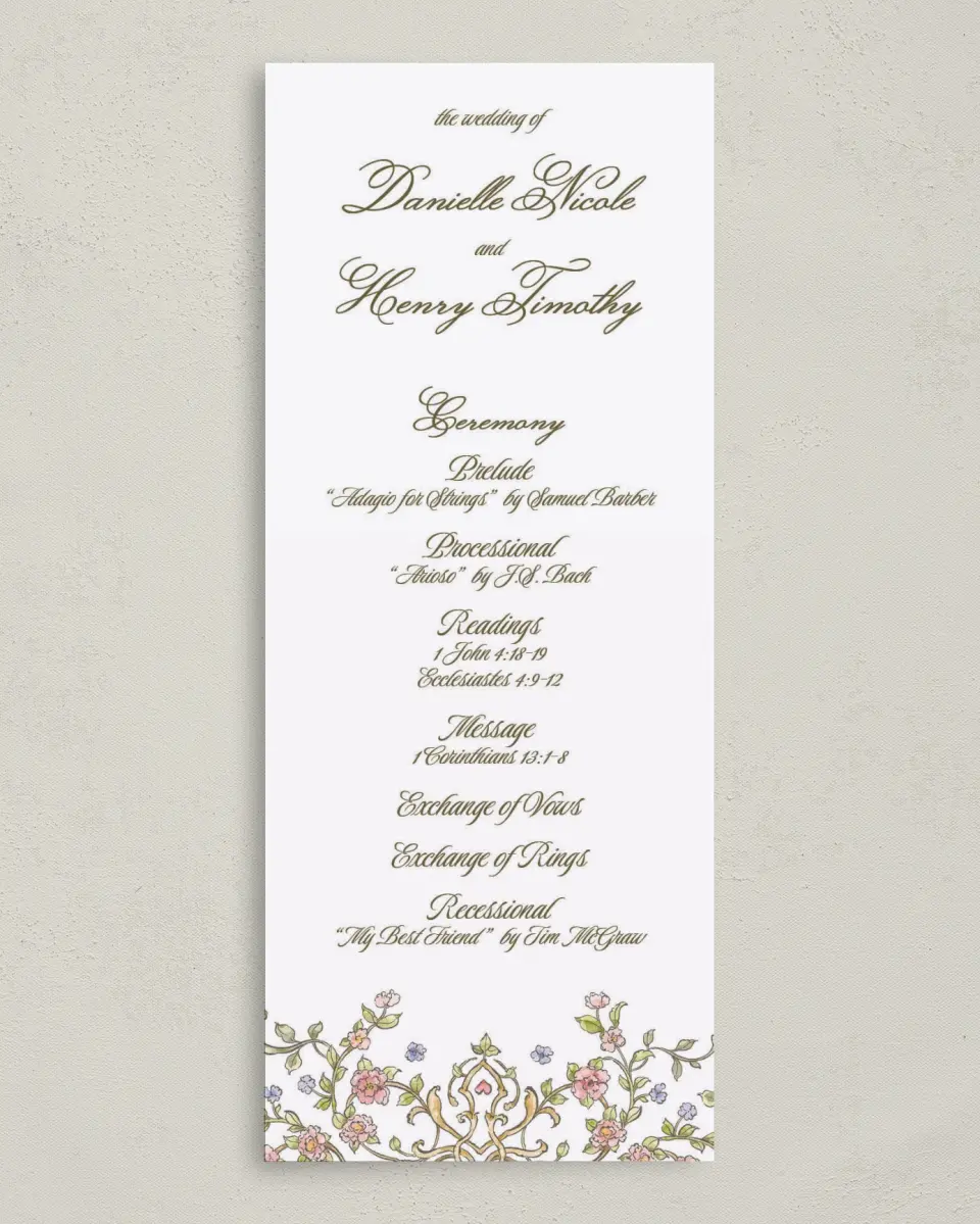 This is a 3⅝" x 8⅞" Tea-length Wedding Program called Ever After printed in full color on Premium Smooth paper