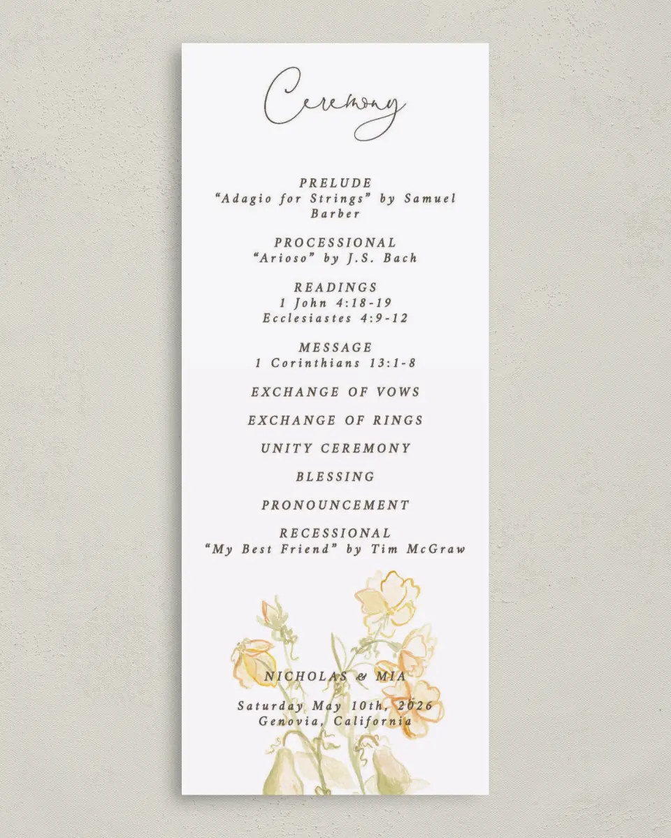 This is a 3⅝" x 8⅞" Tea-length Wedding Program called Royal Glory printed in full color on Premium Smooth paper