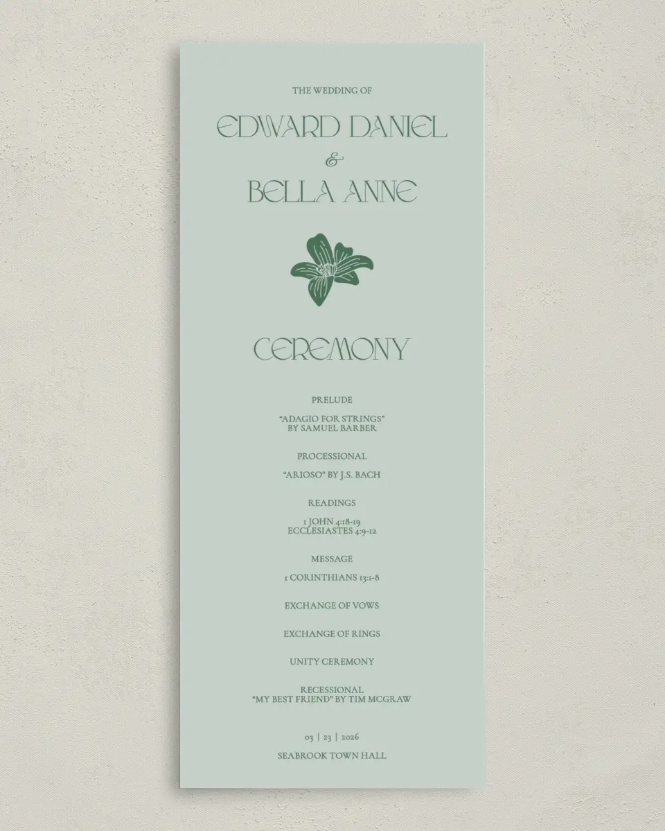 This is a 3⅝" x 8⅞" Tea-length Wedding Program called Water Lily printed in full color on Premium Smooth paper