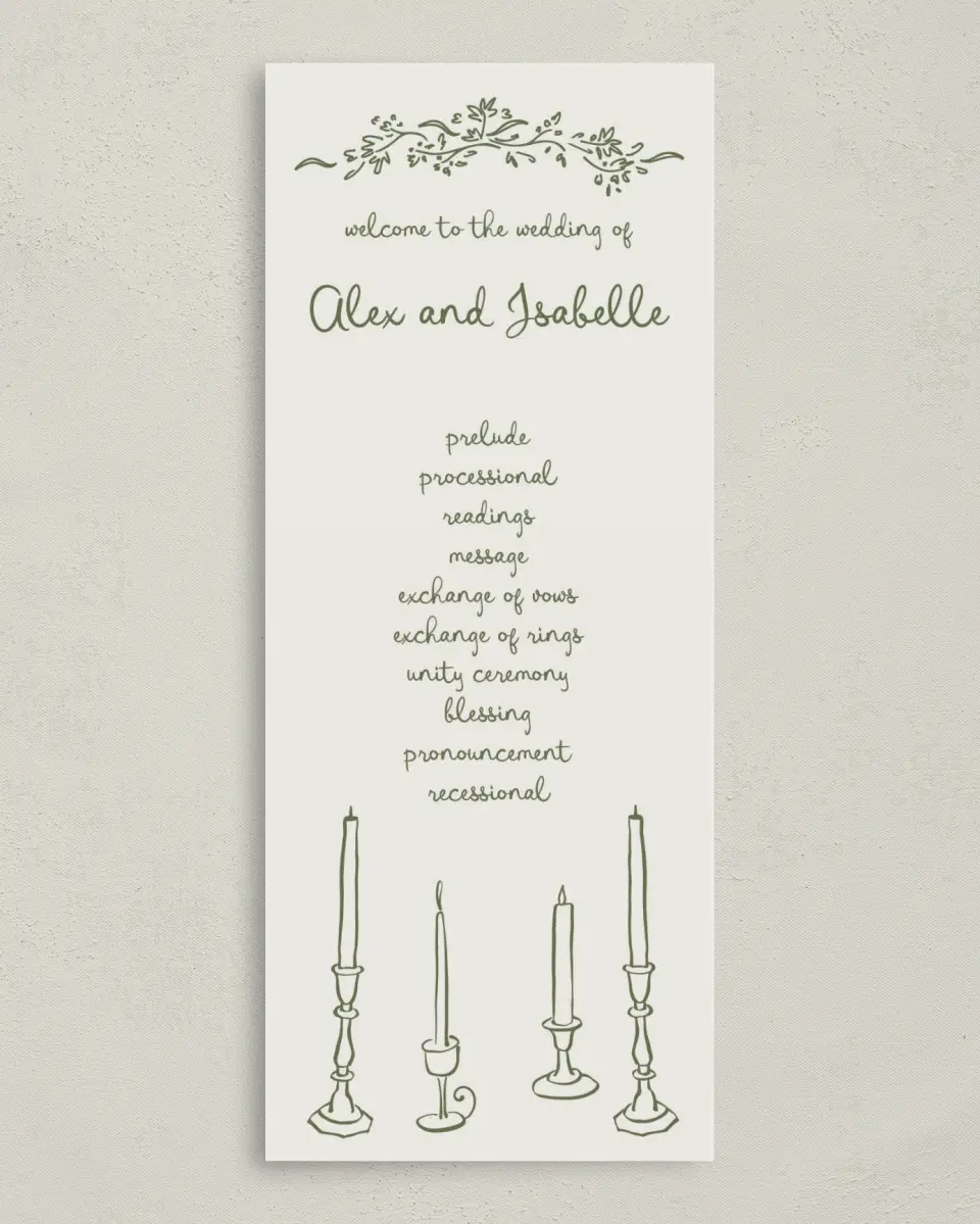 This is a 3⅝" x 8⅞" Tea-length Wedding Program called Sweet Woodland printed in full color on Premium Smooth paper