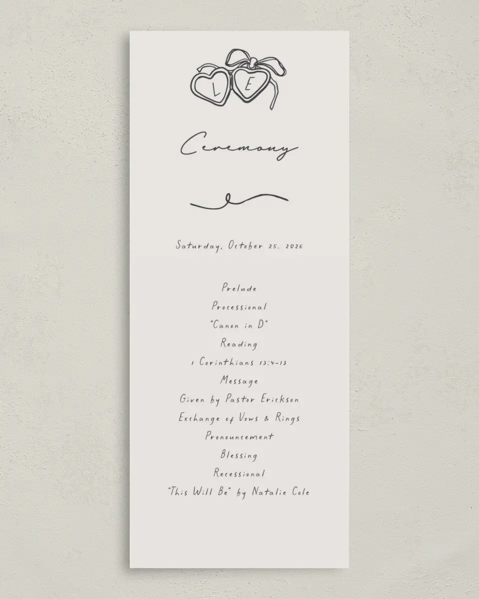 This is a 3⅝" x 8⅞" Tea-length Wedding Program called Locket of Love printed in full color on Premium Smooth paper