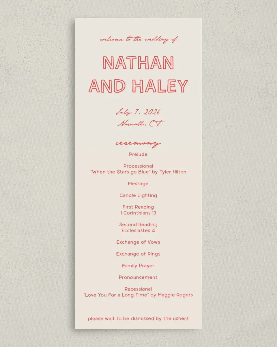 This is a 3⅝" x 8⅞" Tea-length Wedding Program called Bold & Bright printed in full color on Premium Smooth paper