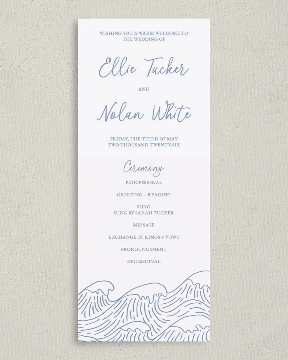 This is a 3⅝" x 8⅞" Tea-length Wedding Program called Wave of Love printed in full color on Premium Smooth paper