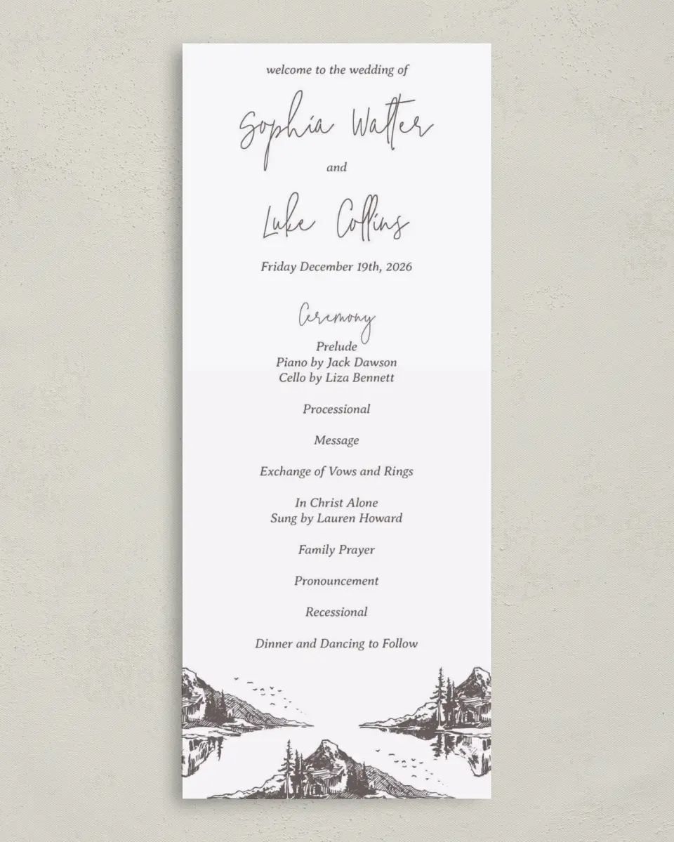 This is a 3⅝" x 8⅞" Tea-length Wedding Program called Mountain Bliss printed in full color on Premium Smooth paper