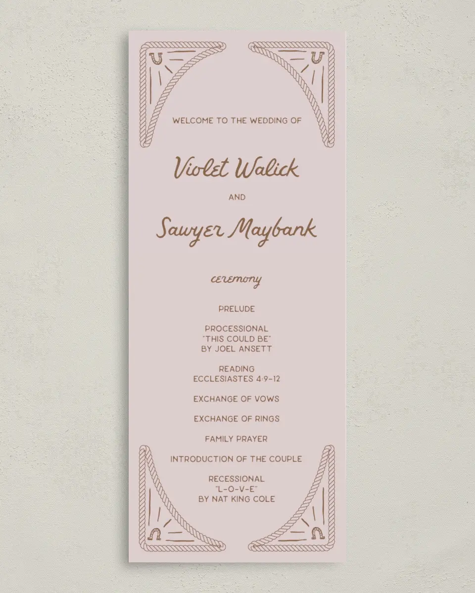 This is a 3⅝" x 8⅞" Tea-length Wedding Program called Western Whimsy printed in full color on Premium Smooth paper