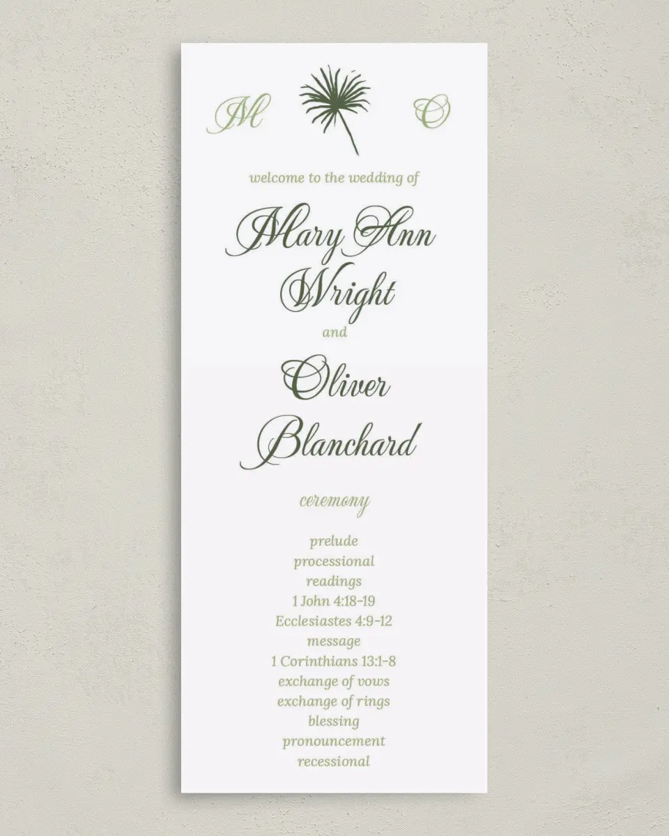 This is a 3⅝" x 8⅞" Tea-length Wedding Program called Palm Paradise printed in full color on Premium Smooth paper