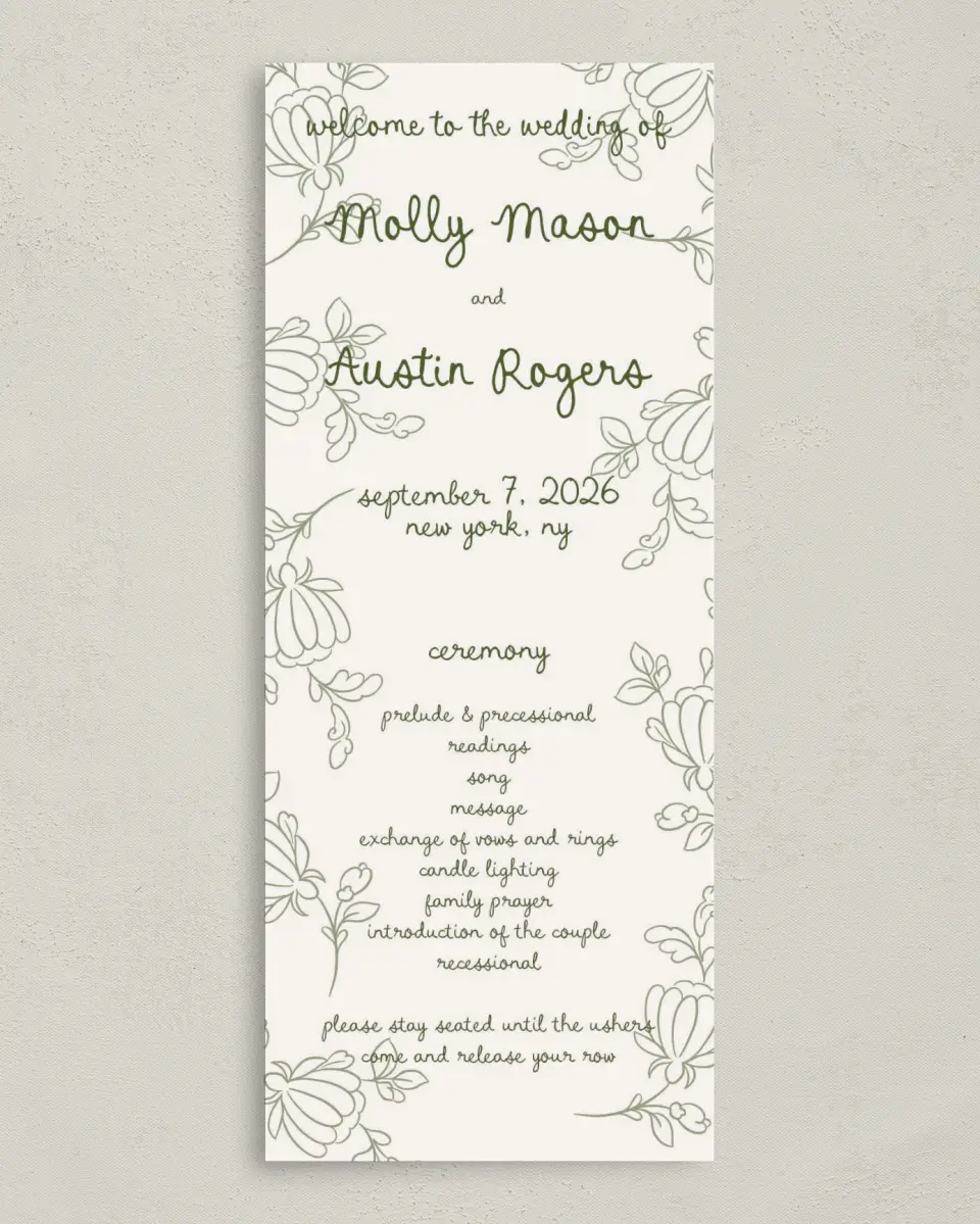 This is a 3⅝" x 8⅞" Tea-length Wedding Program called Evergreen Elegance printed in full color on Premium Smooth paper