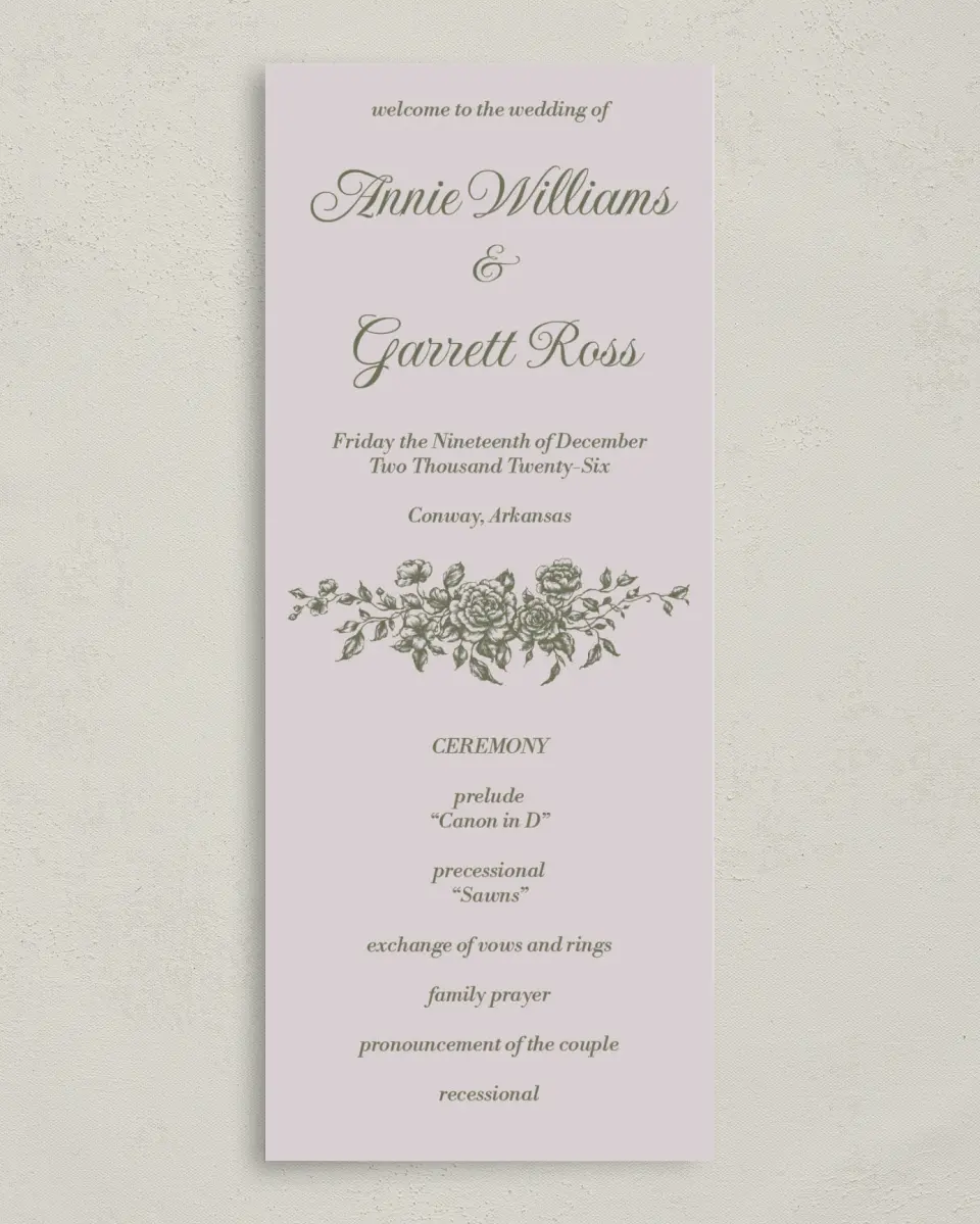 This is a 3⅝" x 8⅞" Tea-length Wedding Program called Meadow of Merriment printed in full color on Premium Smooth paper