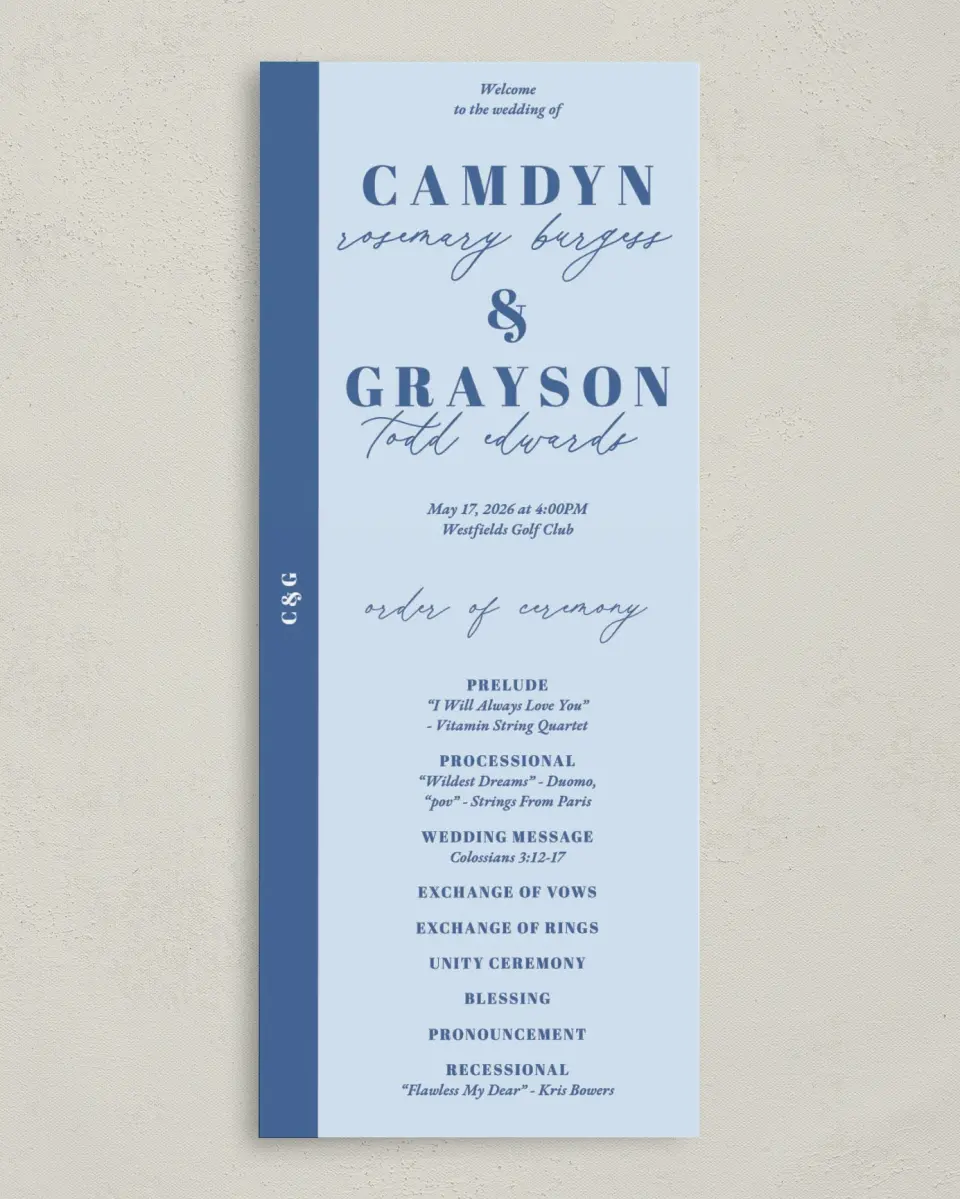 This is a 3⅝" x 8⅞" Tea-length Wedding Program called Forever and Ever printed in full color on Premium Smooth paper