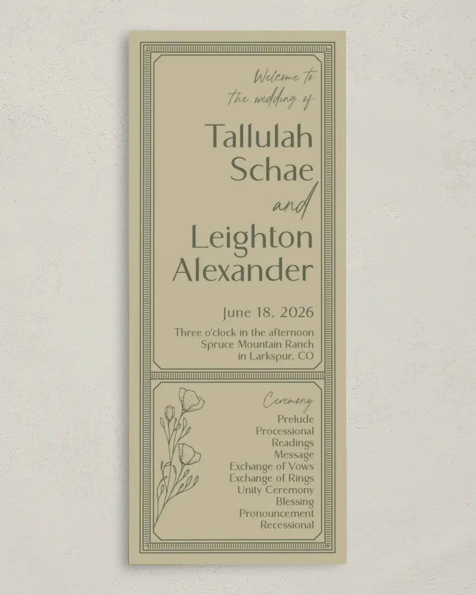 This is a 3⅝" x 8⅞" Tea-length Wedding Program called Idyllic Love printed in full color on Premium Smooth paper