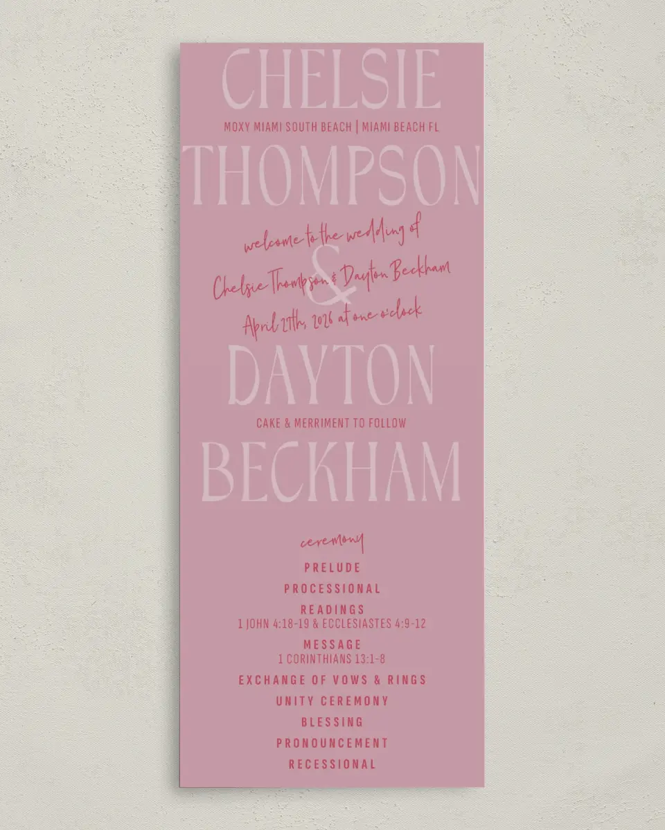 This is a 3⅝" x 8⅞" Tea-length Wedding Program called Lovey-Dovey printed in full color on Premium Smooth paper