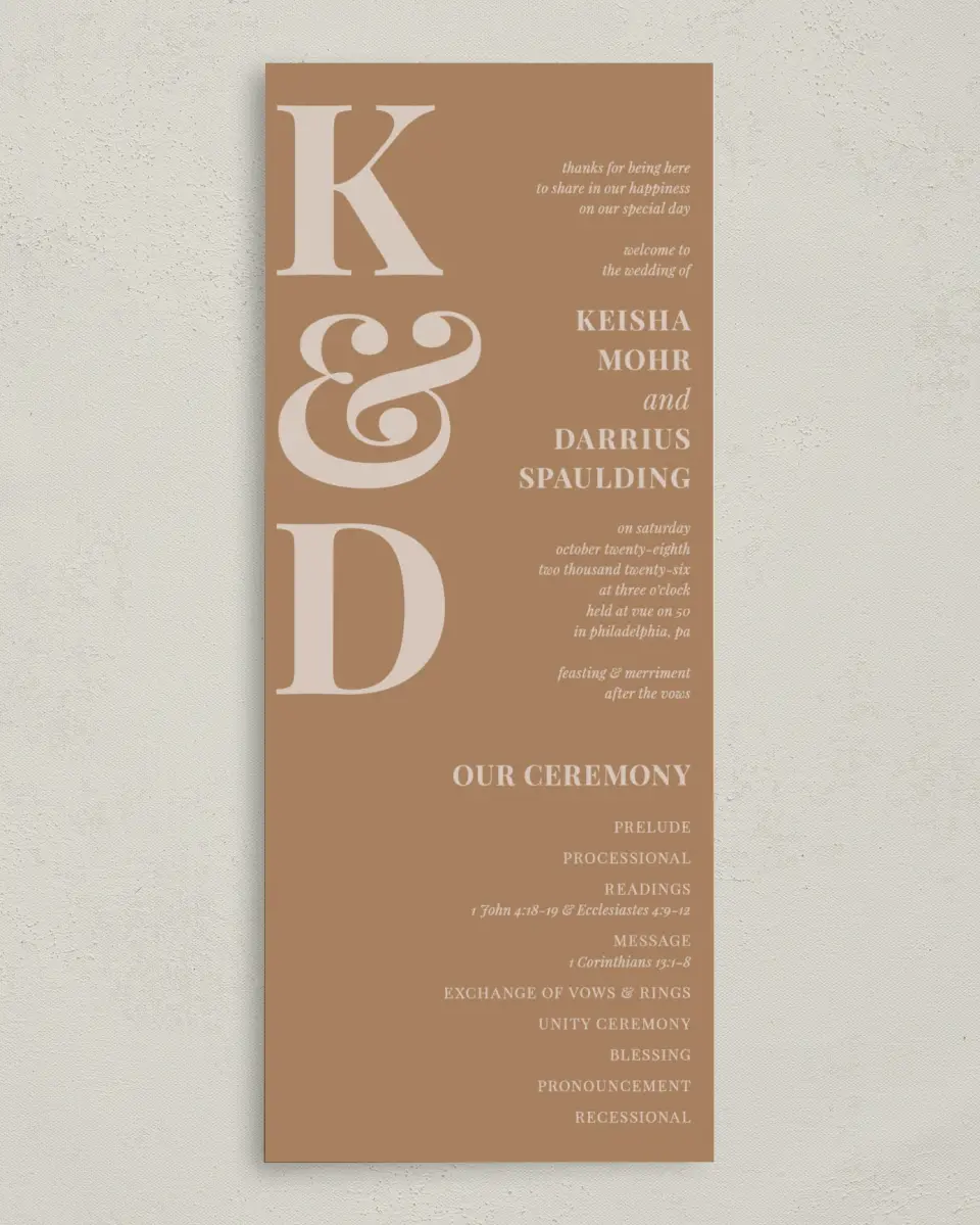 This is a 3⅝" x 8⅞" Tea-length Wedding Program called Bold Romance printed in full color on Premium Smooth paper