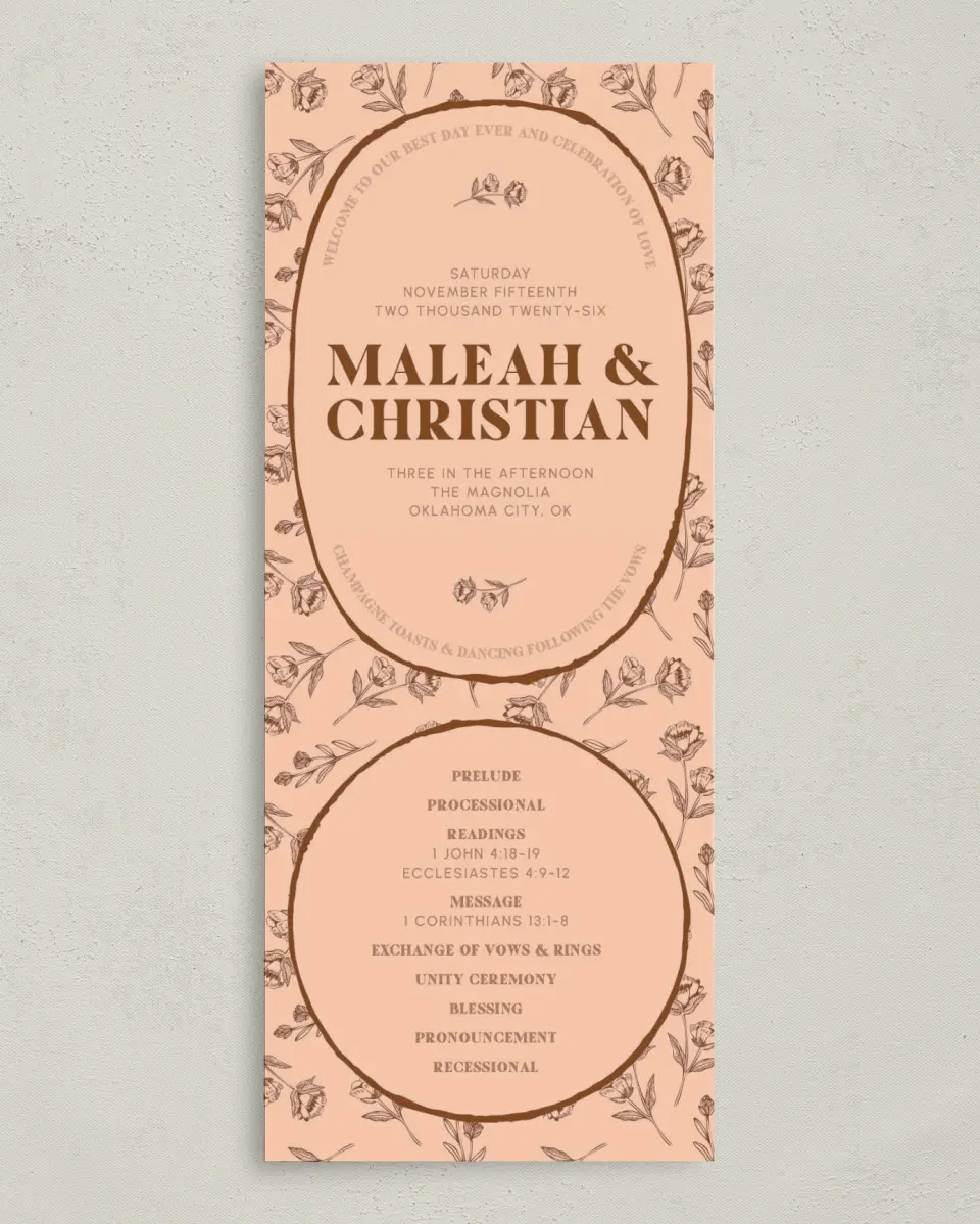 This is a 3⅝" x 8⅞" Tea-length Wedding Program called Agrestal printed in full color on Premium Smooth paper