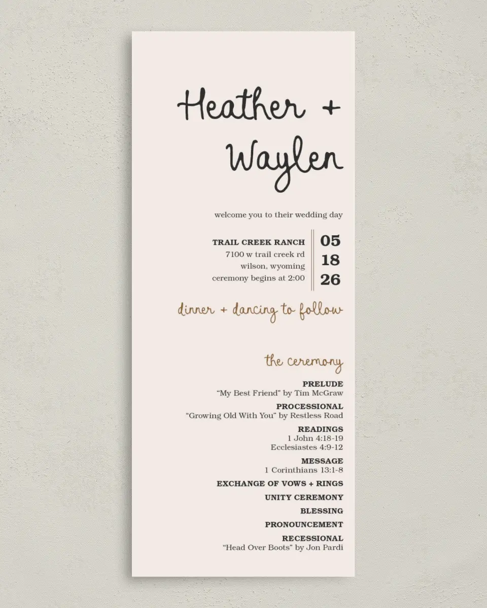 This is a 3⅝" x 8⅞" Tea-length Wedding Program called Head Over Boots printed in full color on Premium Smooth paper