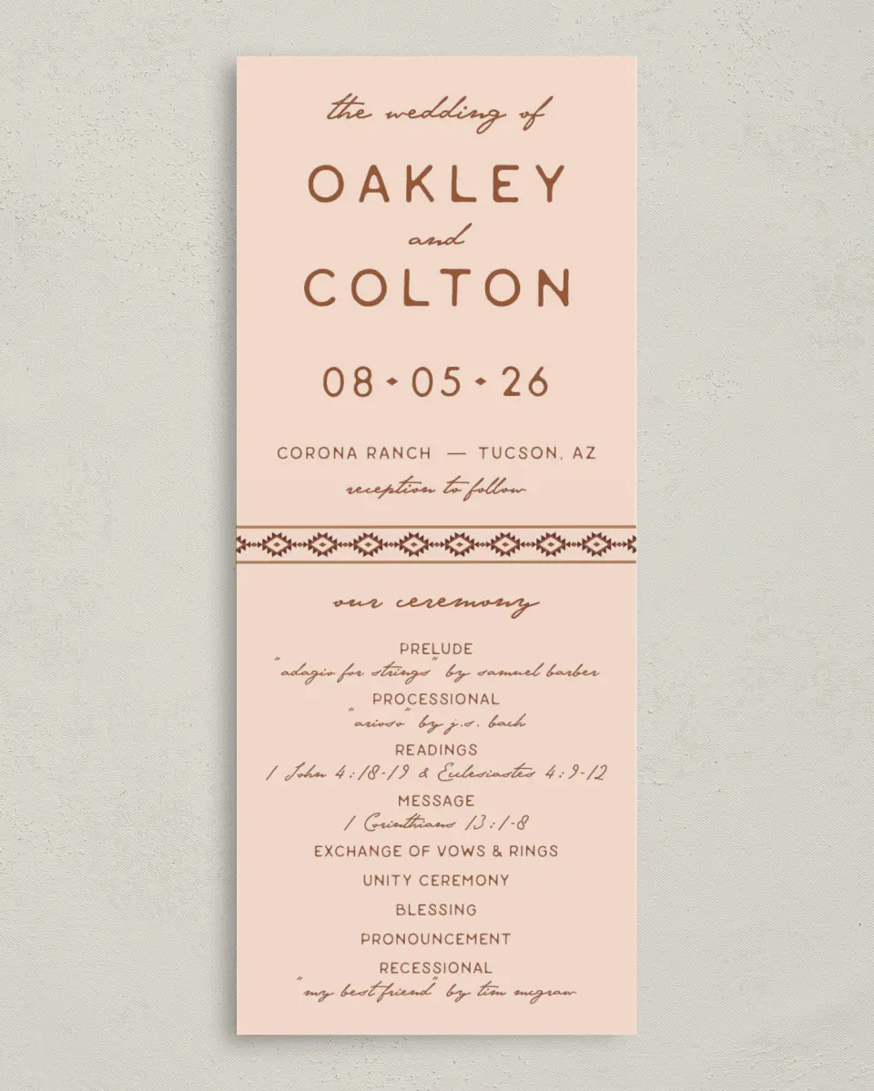 This is a 3⅝" x 8⅞" Tea-length Wedding Program called Wild at Heart printed in full color on Premium Smooth paper