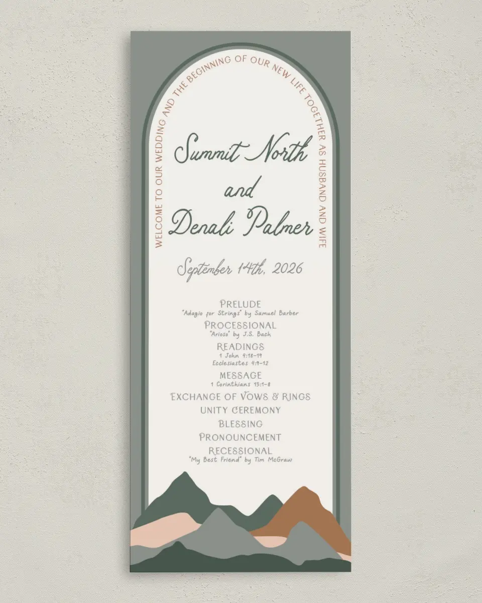 This is a 3⅝" x 8⅞" Tea-length Wedding Program called Elevated Adventures printed in full color on Premium Smooth paper
