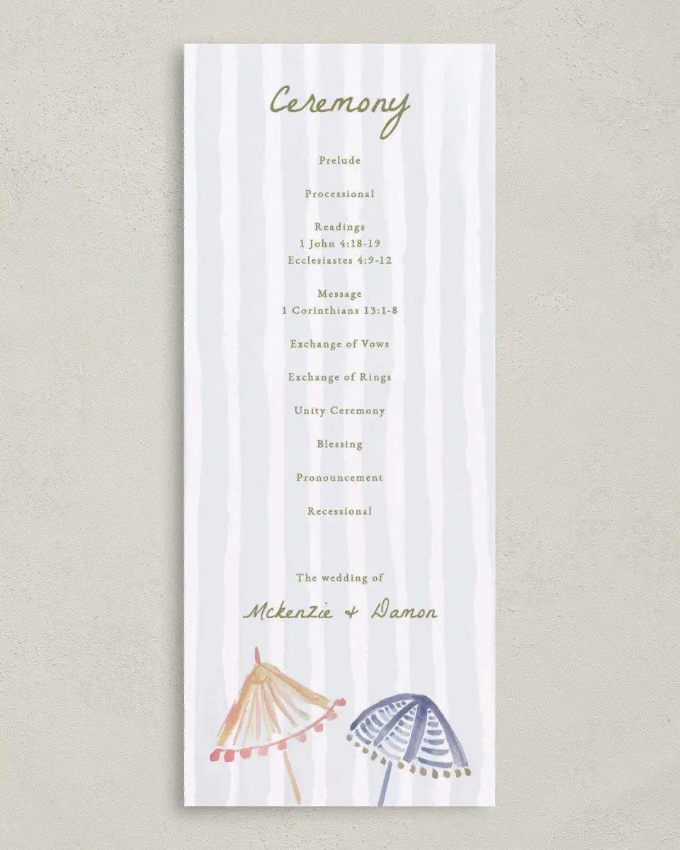 This is a 3⅝" x 8⅞" Tea-length Wedding Program called Positano Daydream printed in full color on Premium Smooth paper