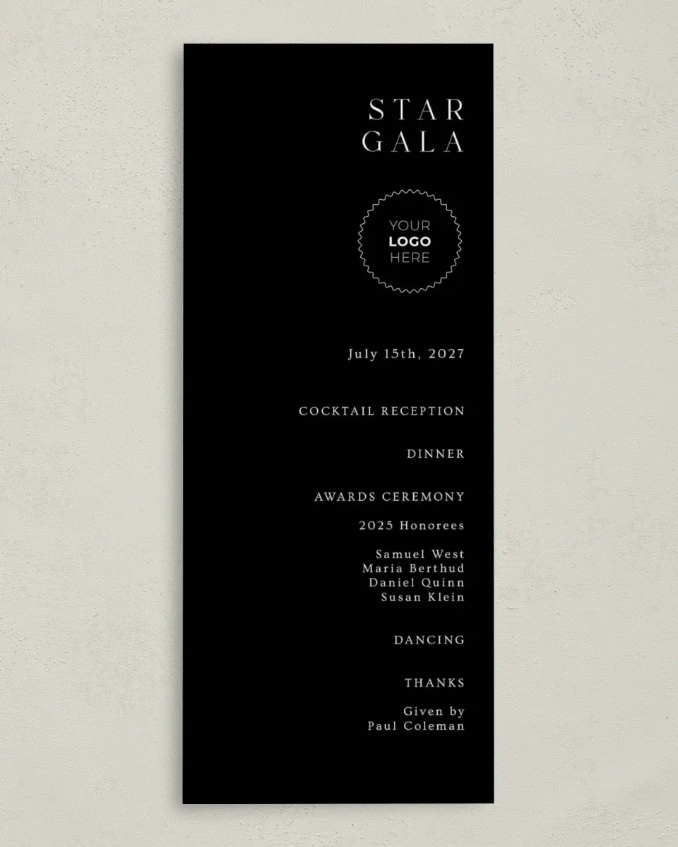 This is a 3⅝" x 8⅞" Tea-length Wedding Program called Starlight Gala printed in full color on Premium Smooth paper