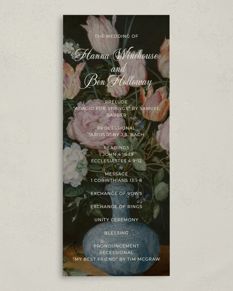 This is a 3⅝" x 8⅞" Tea-length Wedding Program called Grand Party printed in full color on Premium Smooth paper
