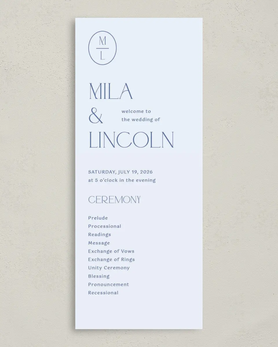 This is a 3⅝" x 8⅞" Tea-length Wedding Program called The Mila printed in full color on Premium Smooth paper