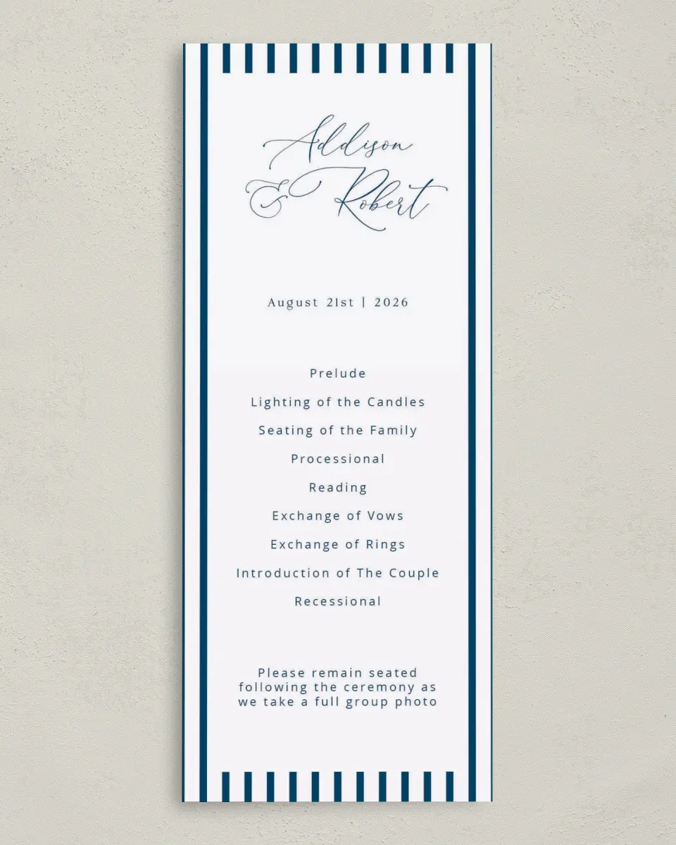 This is a 3⅝" x 8⅞" Tea-length Wedding Program called The Addison printed in full color on Premium Smooth paper
